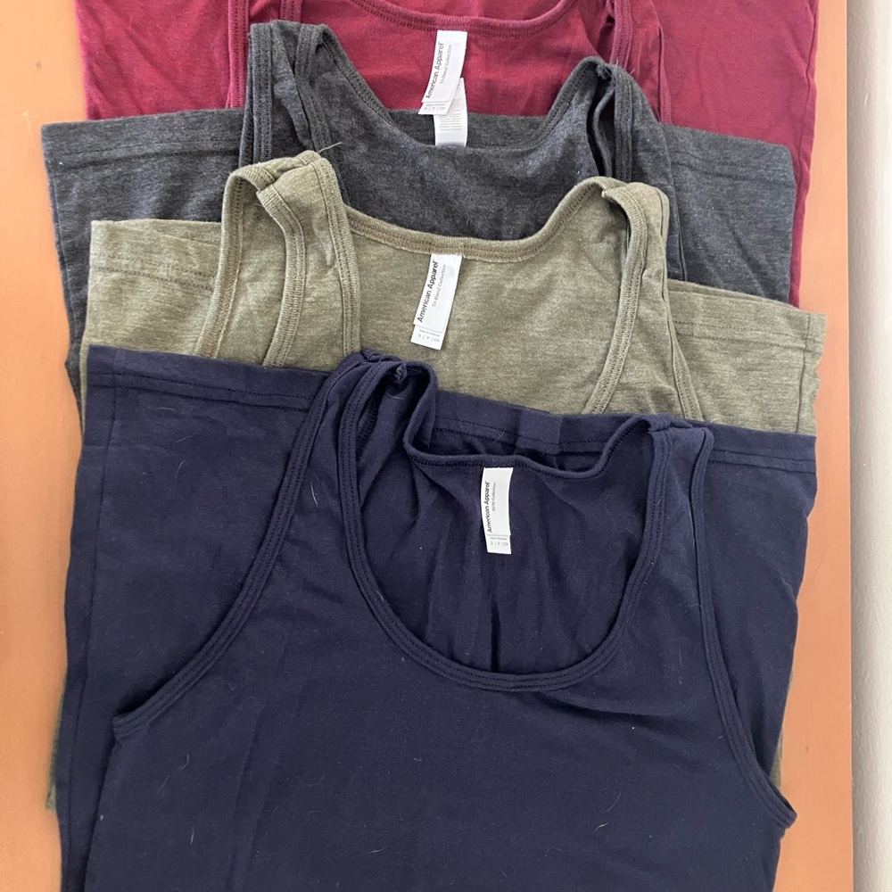 Deadstock American Apparel Tank Tops in Navy, Olive, Gray, and Burgundy